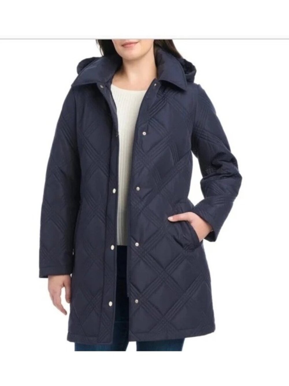 Jones New York Womens Quilted Hooded Coat XS Navy With Belt